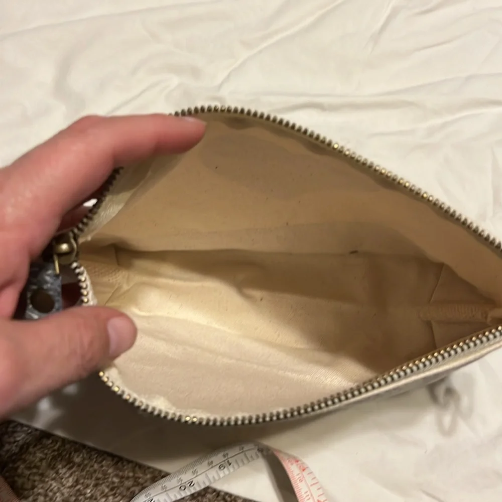 Canvas Cream/gray with Purple Heart cosmetic bag with zip closure